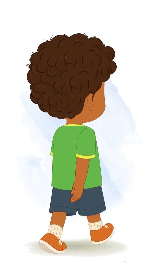 A curly hair boy walking in 1/3 view animated vector cartoon character AKA Jay