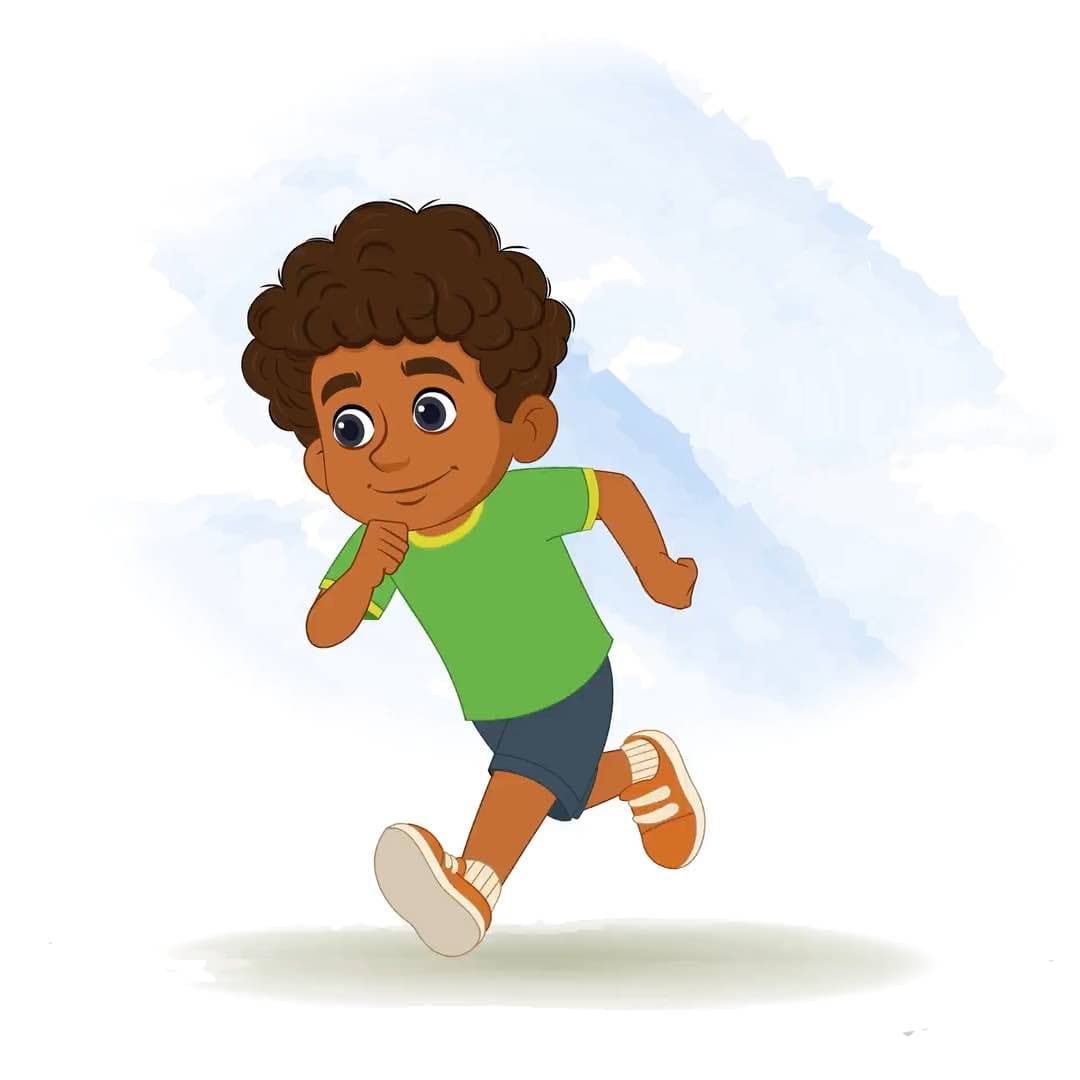 A curly hair boy running in 1/3 view animated vector cartoon character AKA Jay