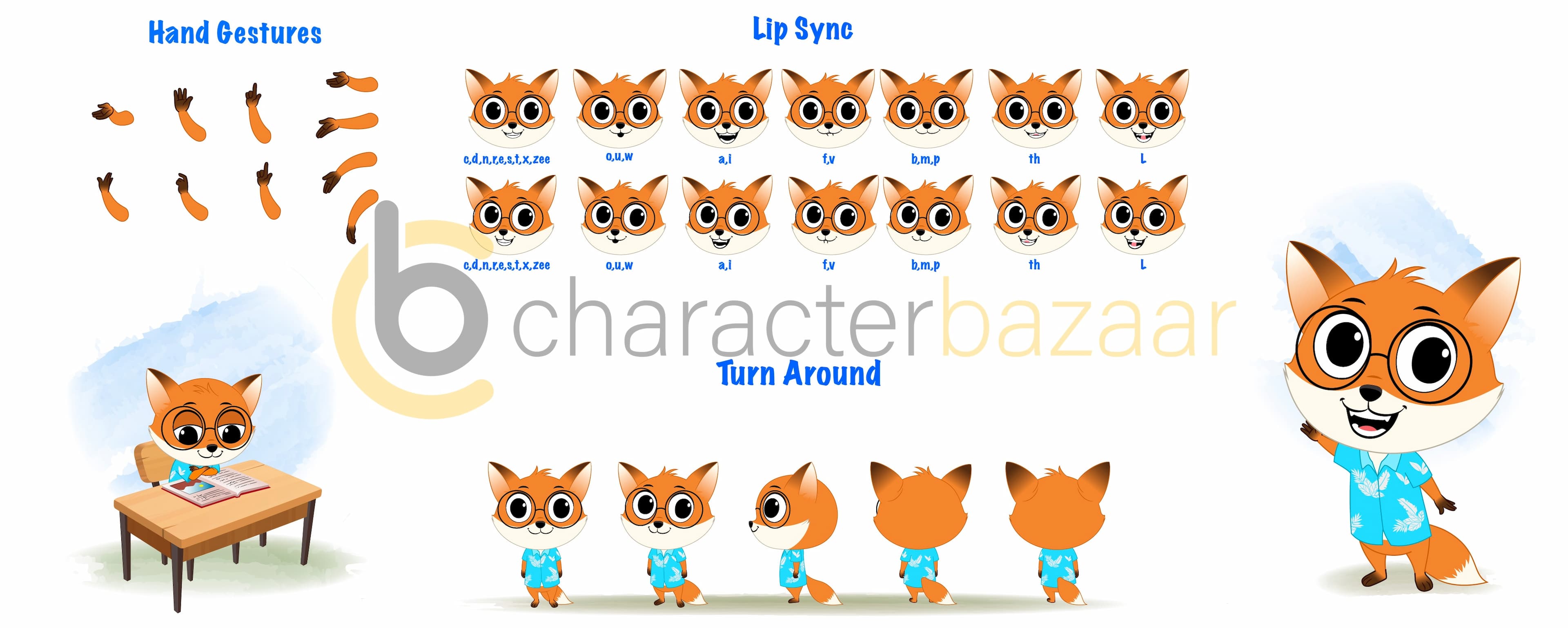 A cute little fox cartoon character construction/model sheet aka blaze the fox