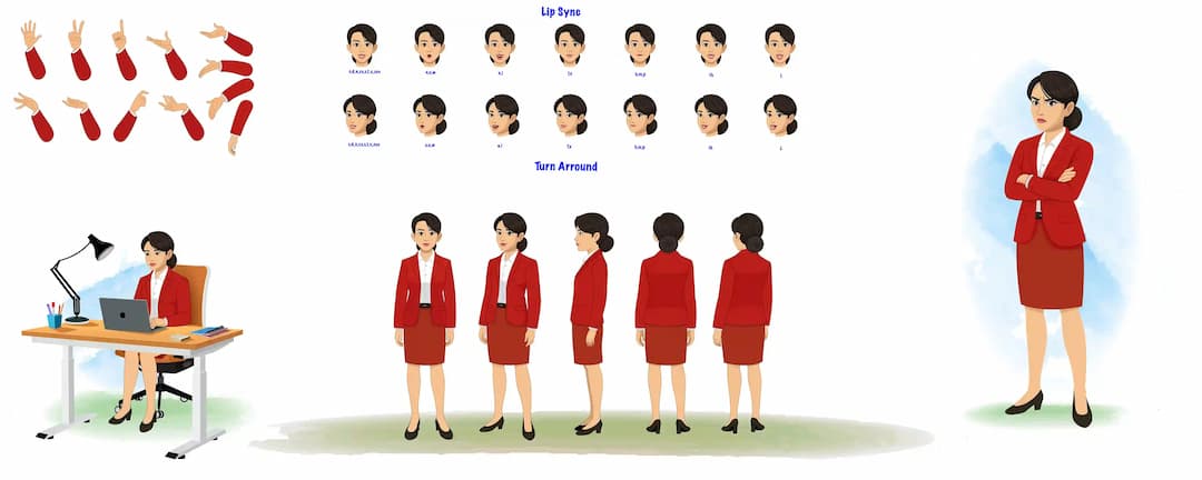 A young lady in red dress cartoon character vector model sheet AKA Peggy
