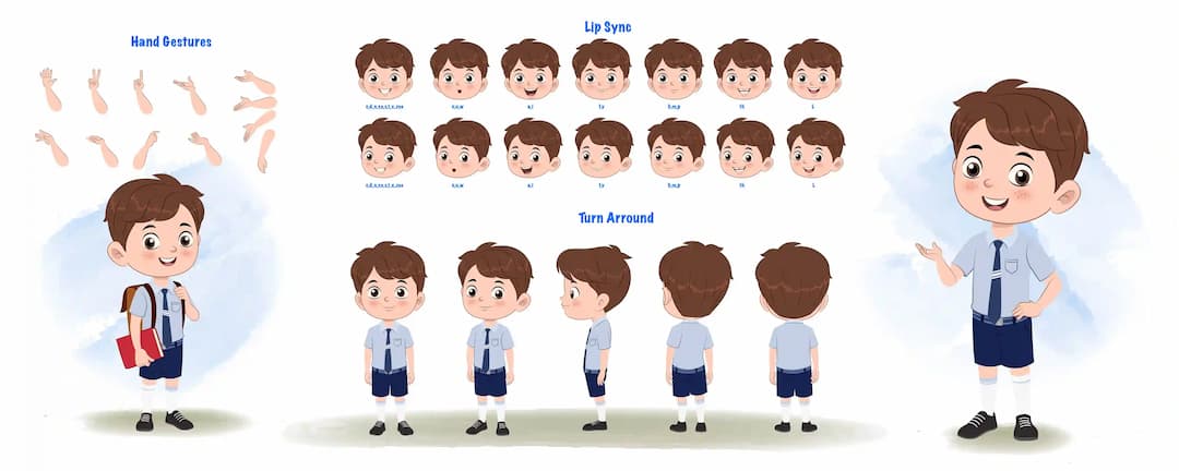 A cute little school boy cartoon character construction/model sheet aka patrick