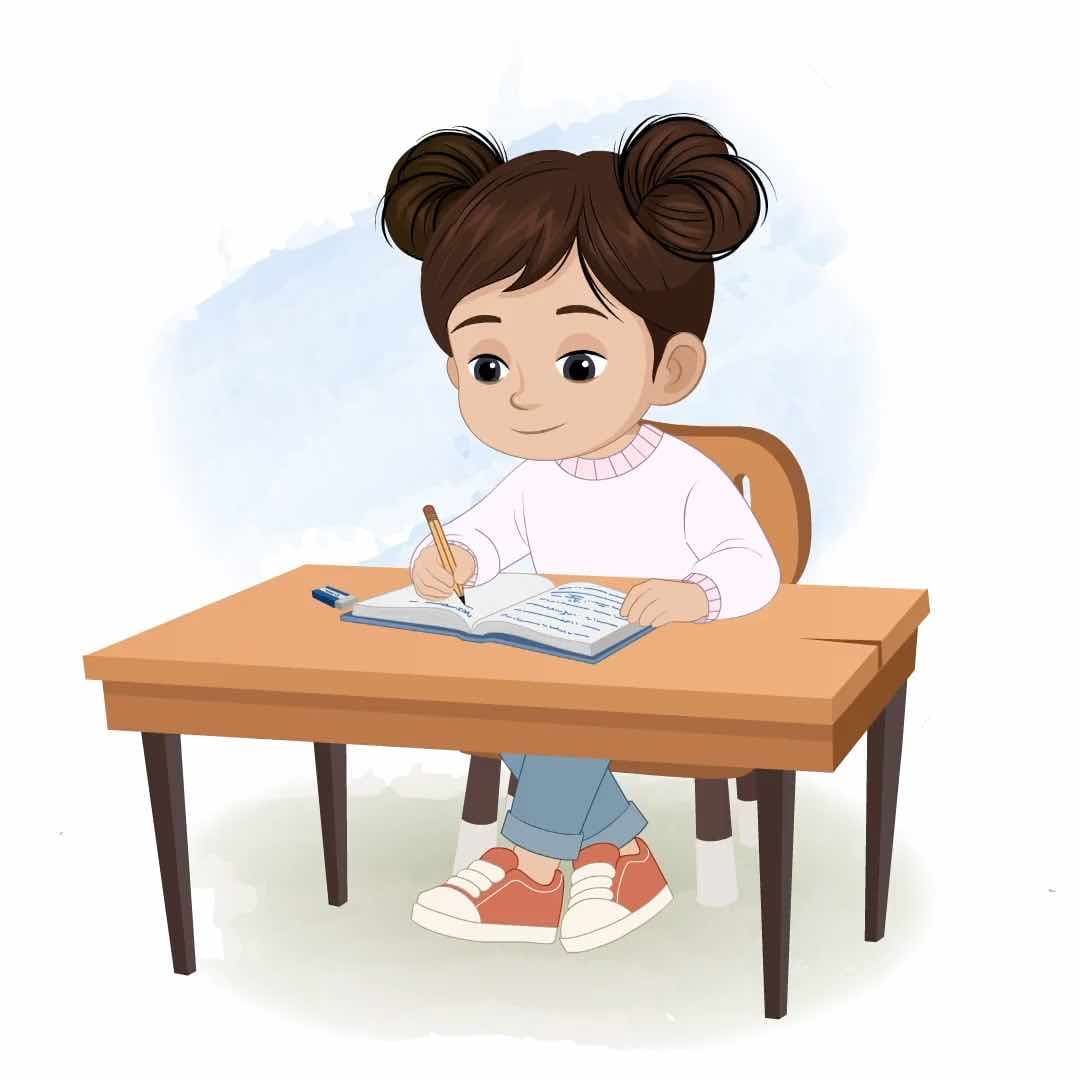 An adorable Indian girl writing in notebook animated vector cartoon character AKA Wamika