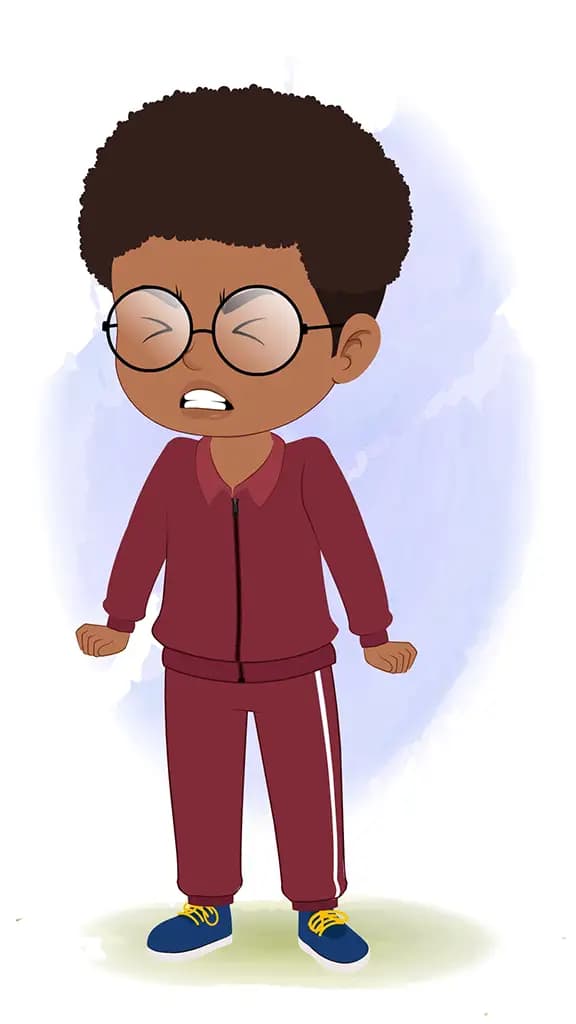 An angry cute black boy animated cartoon character aka advik