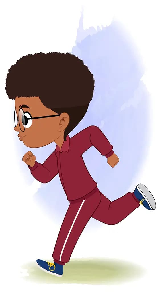 A cute black boy running fast side view animated cartoon character aka advik