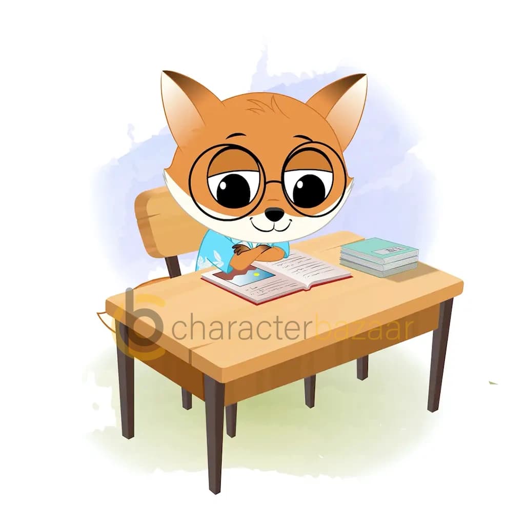 A cute little fox reading a book and sitting on the table animated cartoon character aka blaze the fox