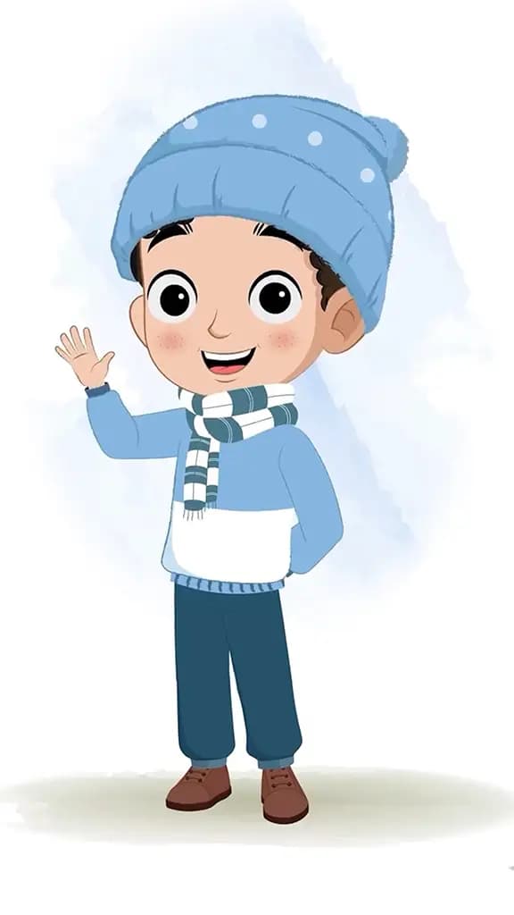 A boy in winter clothes saying hello animated cartoon character aka sachin