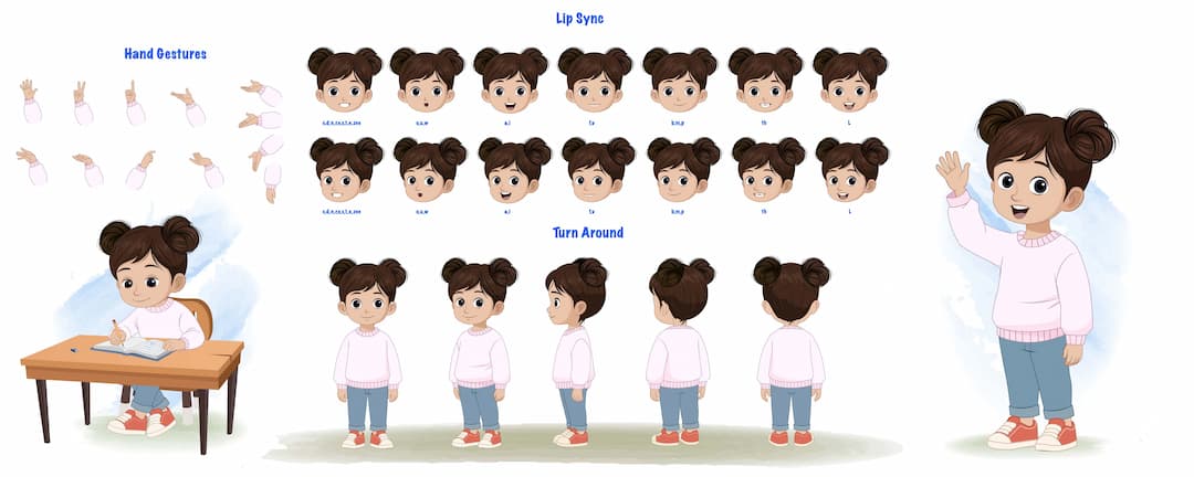 An adorable Indian girl model sheet vector cartoon character AKA Wamika