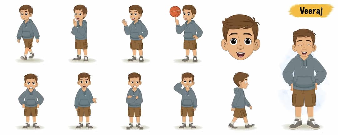 Young brown haired boy in hoodie animated cartoon character vector model sheet AKA Veeraj