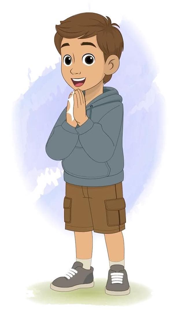 A young brown haired boy in hoodie clapping animated vector cartoon character AKA Veeraj