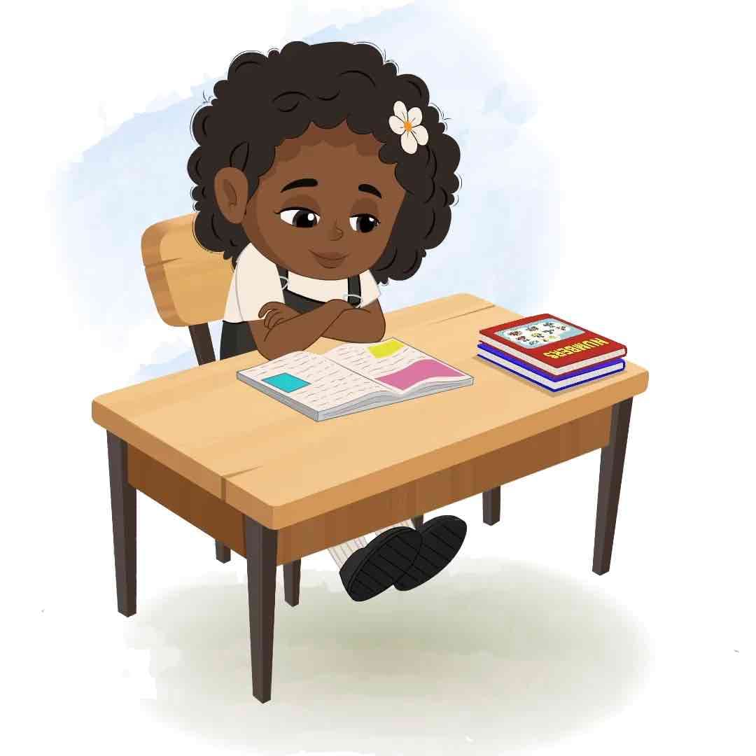 A little African girl reading book animated vector cartoon character AKA Naomi