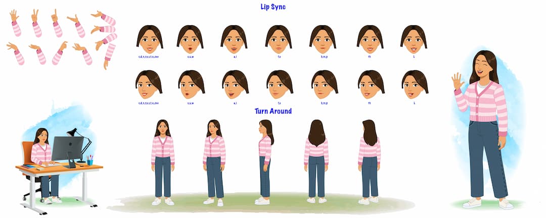 A pretty woman in pink sweater modelsheet/turnaround pose hand gesture and lip-sync vector cartoon character set AKA Senorita