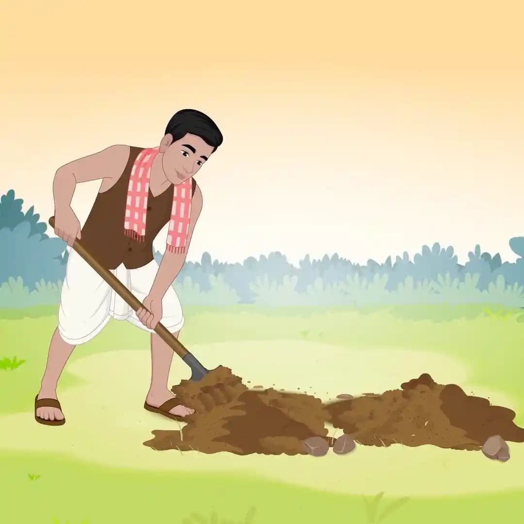 A lean Indian man in a brown vest and white dhoti leans forward, firmly gripping a shovel as he digs into the earth in a rural field setting under a soft orange sky AKA ram charan