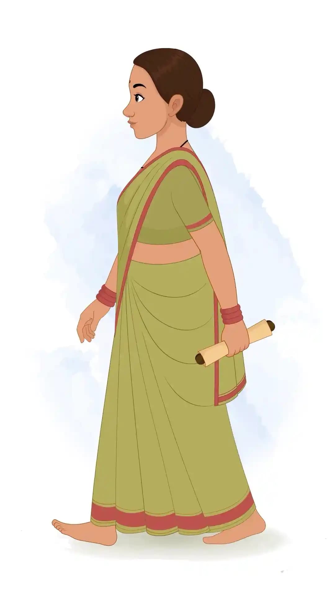 An Indian Palace Maid Walk with scroll Animated Vector Cartoon Character AKA Bhagwati