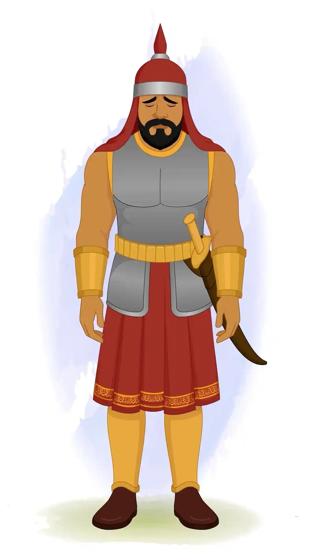 A medieval warrior in silver and red armor stands facing forward with head bowed, eyes closed, and a sorrowful expression on his face AKA Adham khan