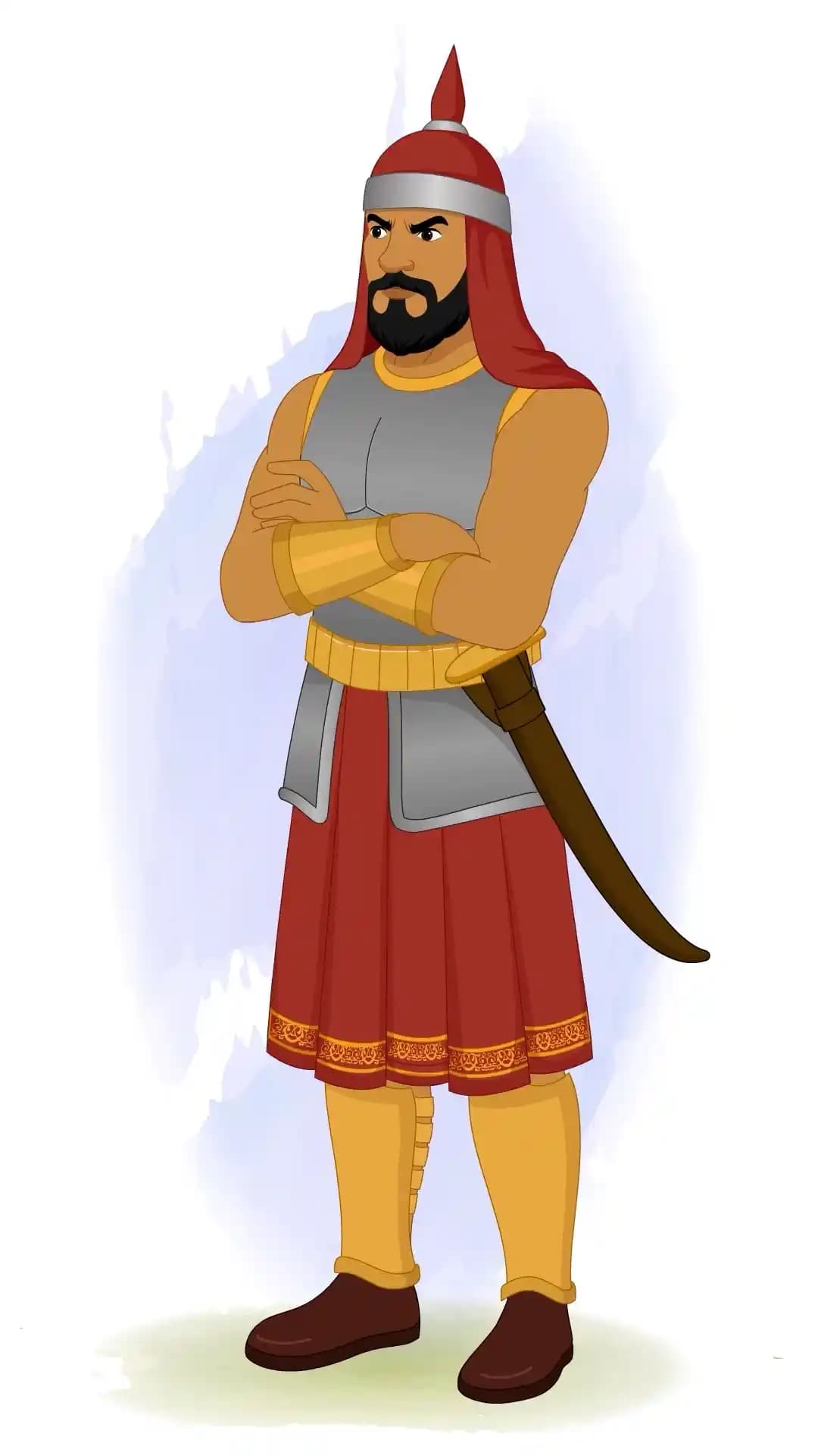 A medieval warrior in red-hooded helm and steel armor stands with arms crossed defensively, glancing off to the side in a guarded posture AKA Adham khan