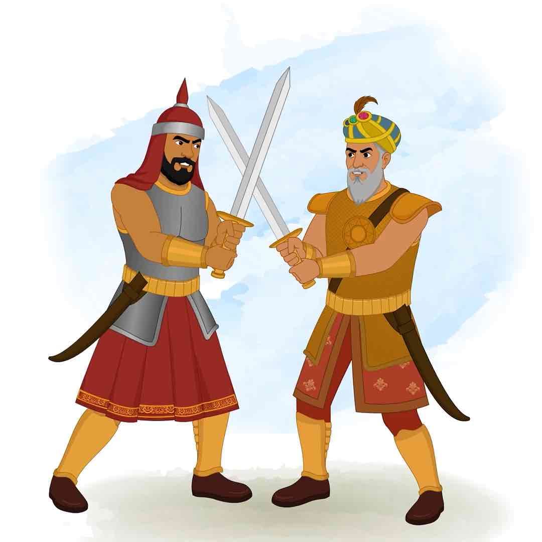 Vector illustration of a Mughal emperor and his armored general crossing swords in a training drill AKA babur