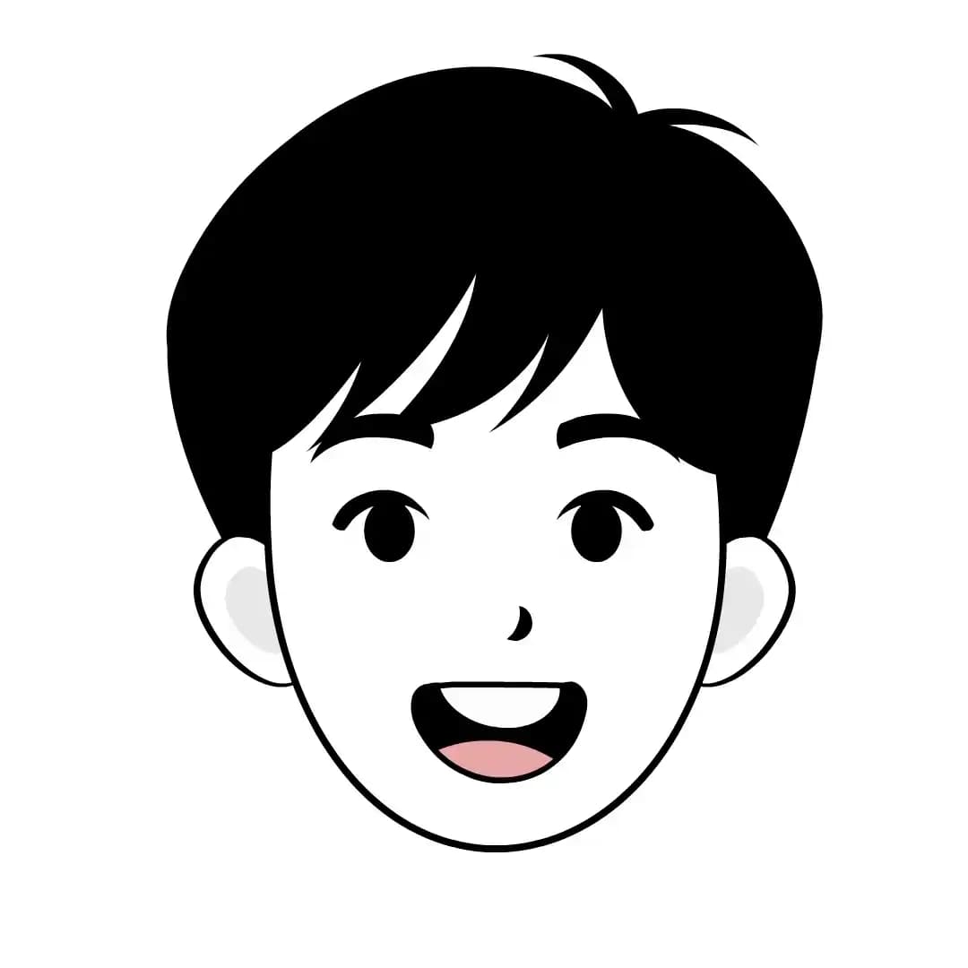 A clean infographic-style sheet showing a cute young boy’s head with multiple facial expressions and lip-sync visemes. Rows include Natural, Happy, Excited, Sad, Annoyed, Confuse(d), Angry, and Tired. Each emotion row contains several phoneme mouth shapes (a,e,i,o,u,bmp,th,lv,oo) for animation and dialogue. Minimal blue-and-white cartoon style AKA kim