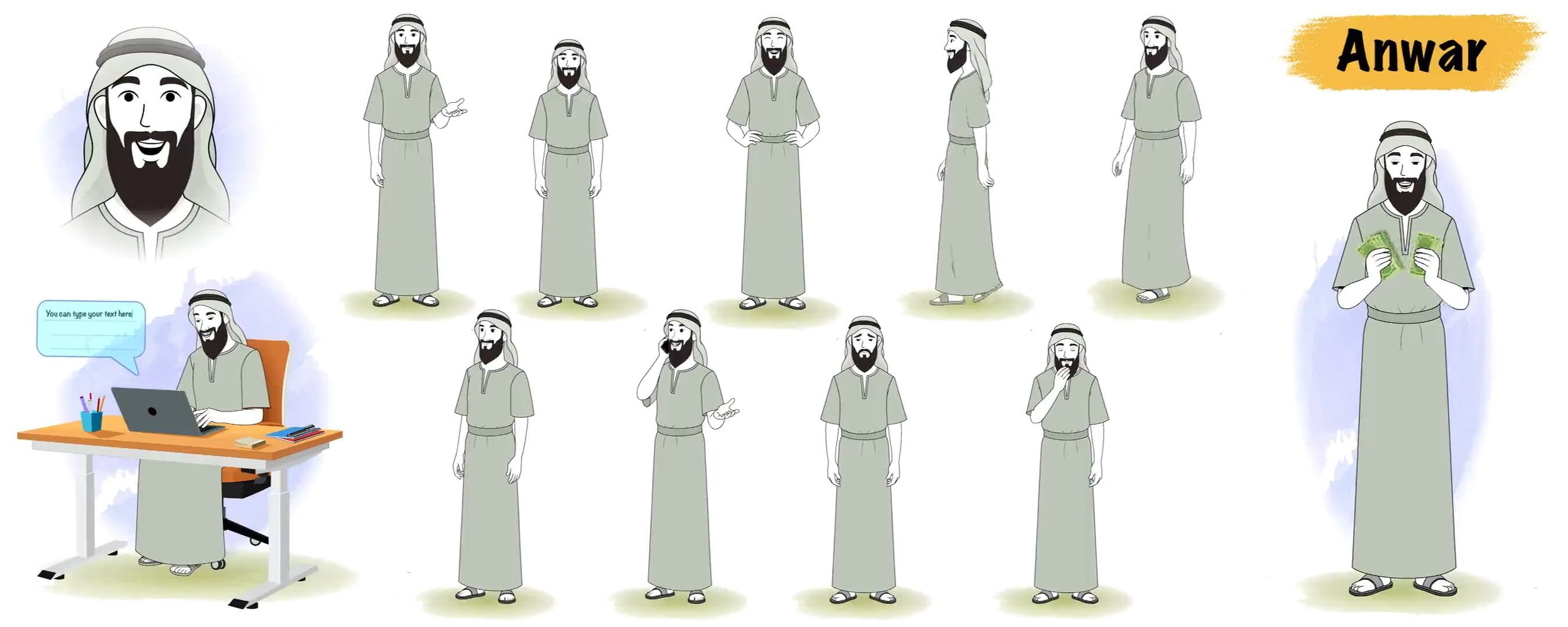 Arab man infographic style animated model sheet cartoon character AKA Anwar