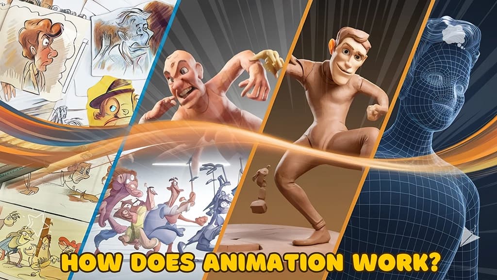 Triptych illustration showing the evolution of animation techniques from traditional hand-drawn to stop-motion to modern 3D computer animation