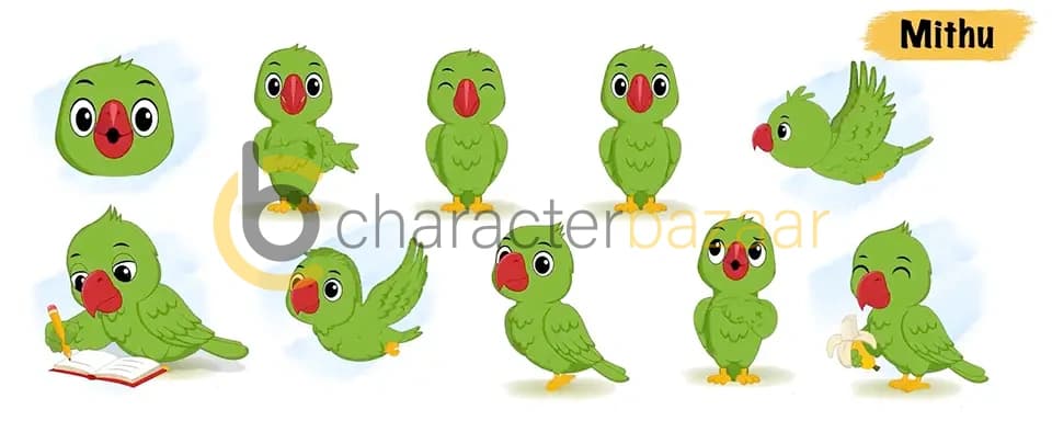 A green parrot animated vector cartoon character model sheet AKA Mithu