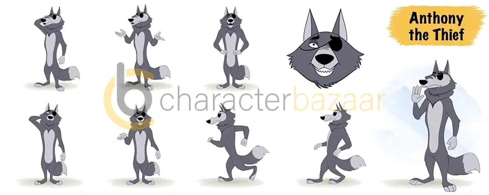 Thief wolf animated vector cartoon character model sheet AKA Anthony the Thief