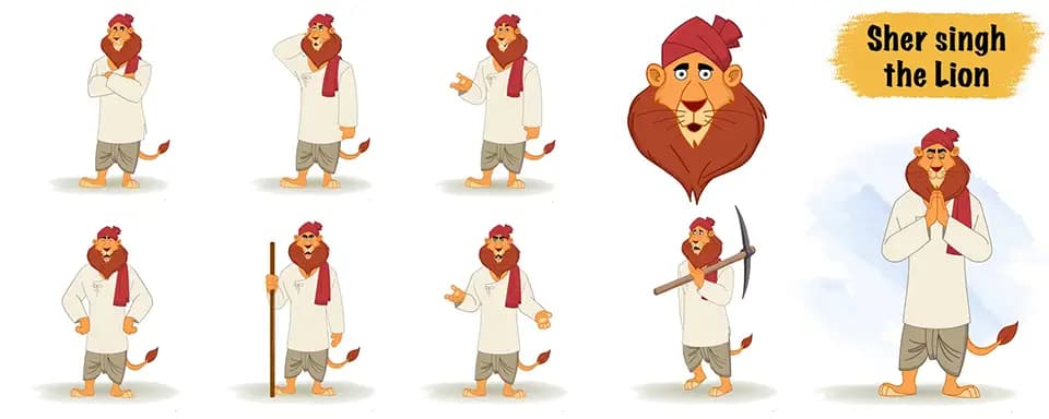 Lion in dhoti kurta animated vector cartoon character model sheet AKA Sher Singh The Lion