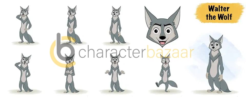 Gray Wolf animated vector cartoon character model sheet AKA Walter the Wolf