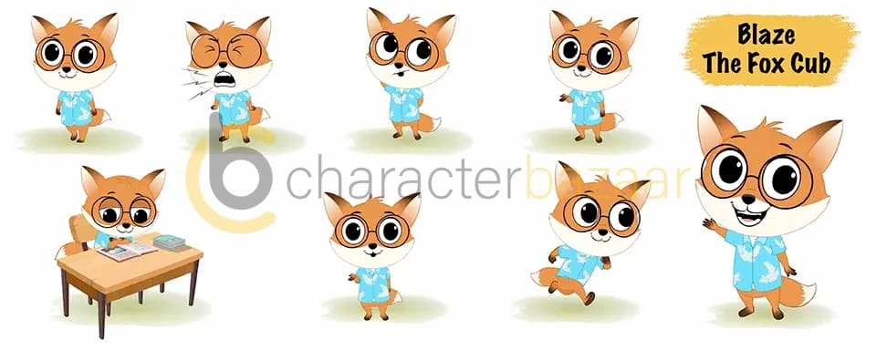 Cute little red fox animated vector cartoon character model sheet AKA Blaze The Fox Cub