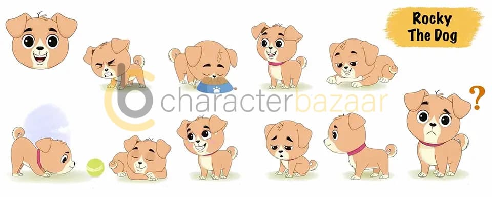 Cute animated vector dog cartoon character model sheet AKA Rocky The Dog