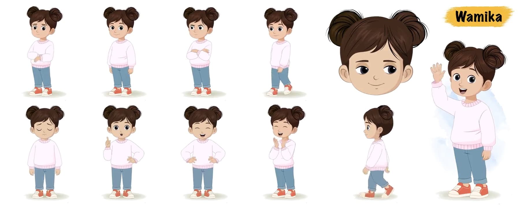 An adorable Indian girl animated vector cartoon character model sheet AKA Wamika