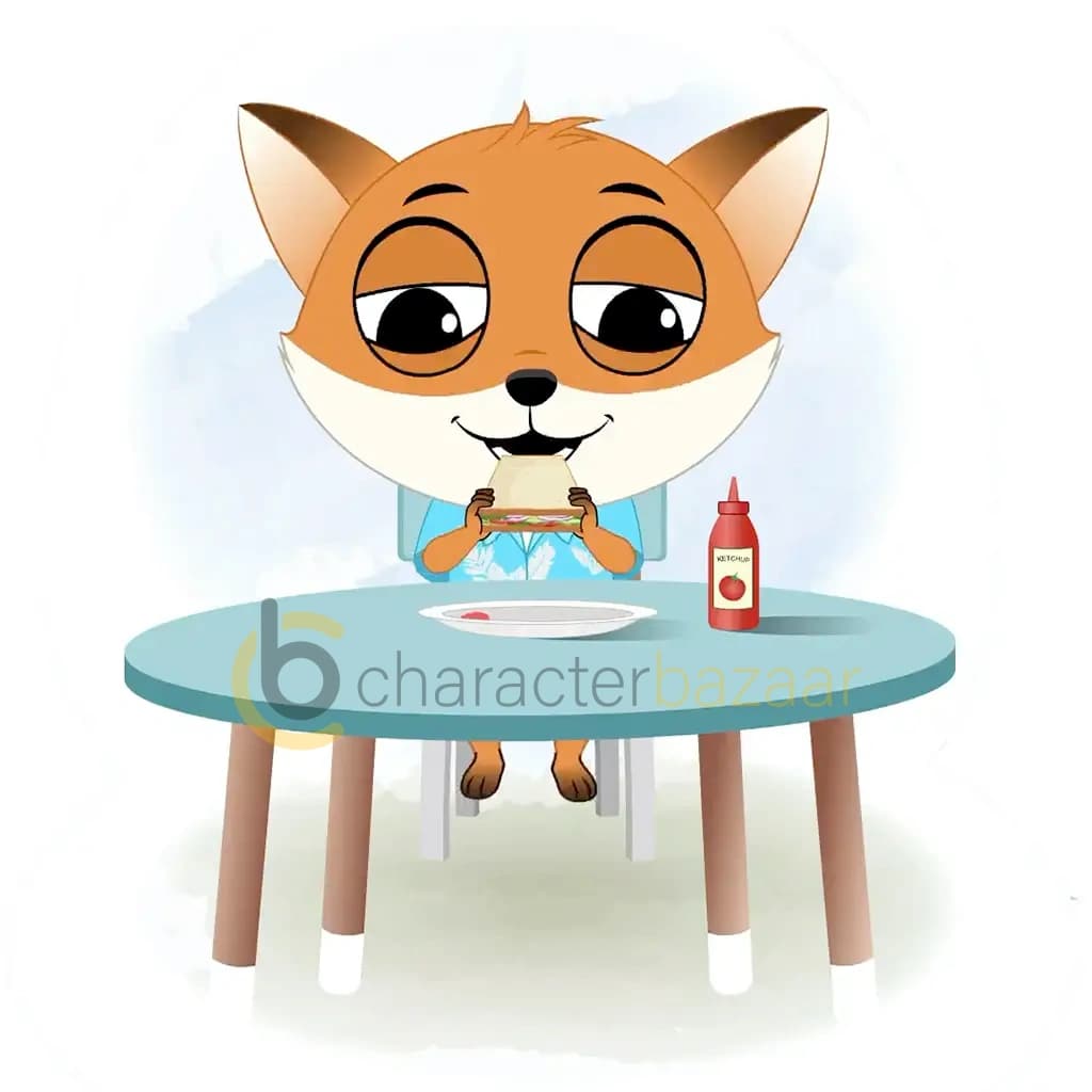 A cute little fox animated cartoon character sitting at a table and eating a sandwich aka blaze the fox