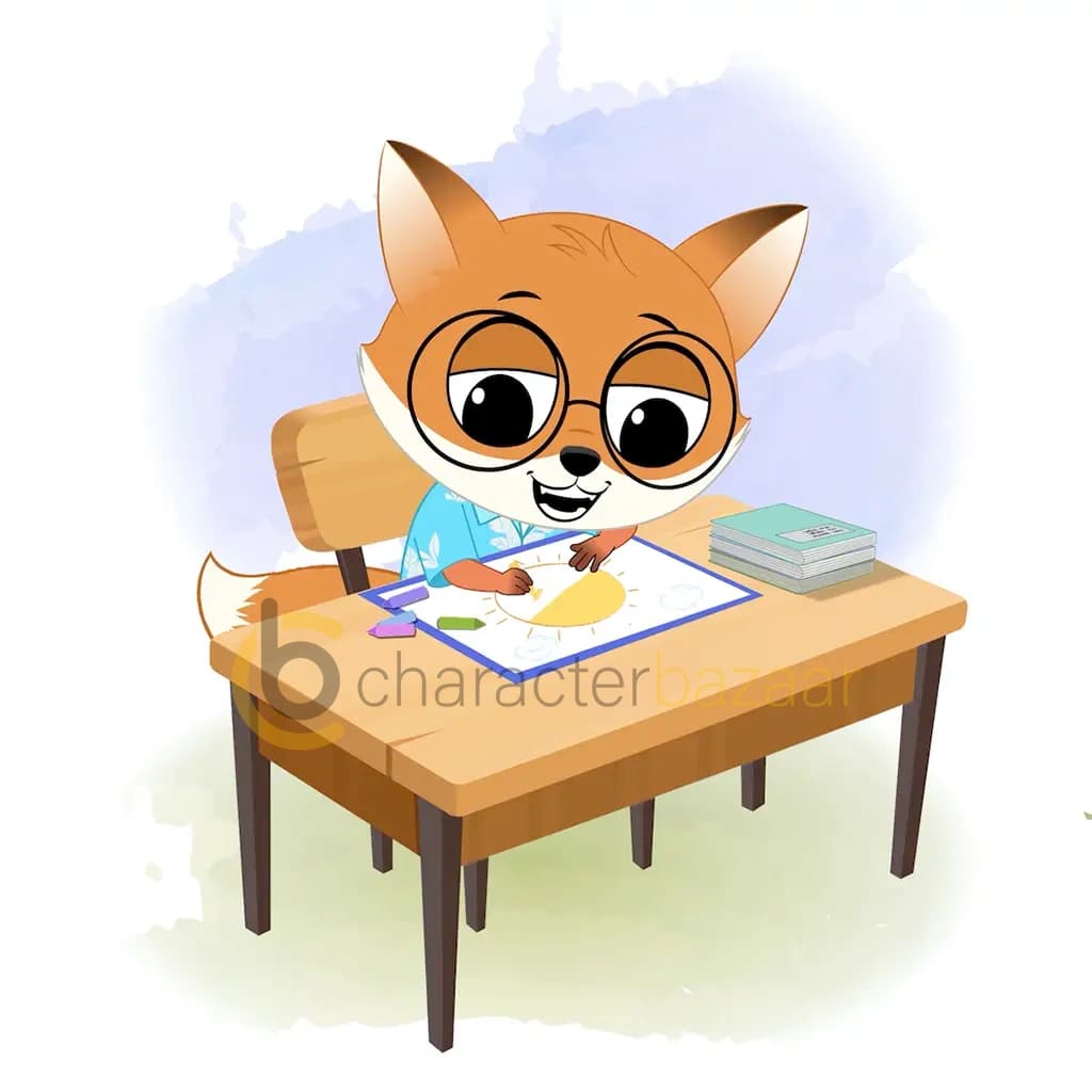 A cute little fox is sitting at a table with some crayons and colouring on the paper aka blaze the fox
