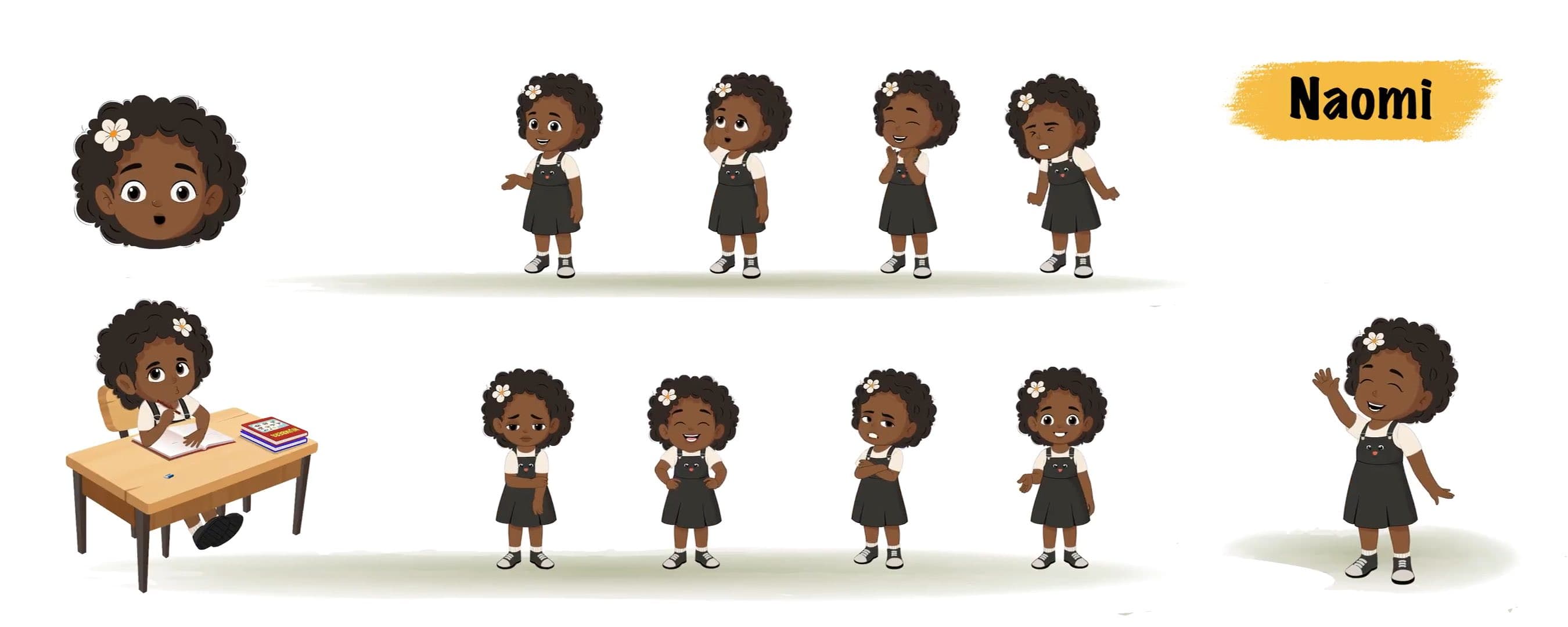 Little African girl animated vector cartoon character model sheet AKA Naomi