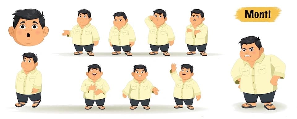 Chubby indian boy animated vector cartoon character model sheet AKA Monti