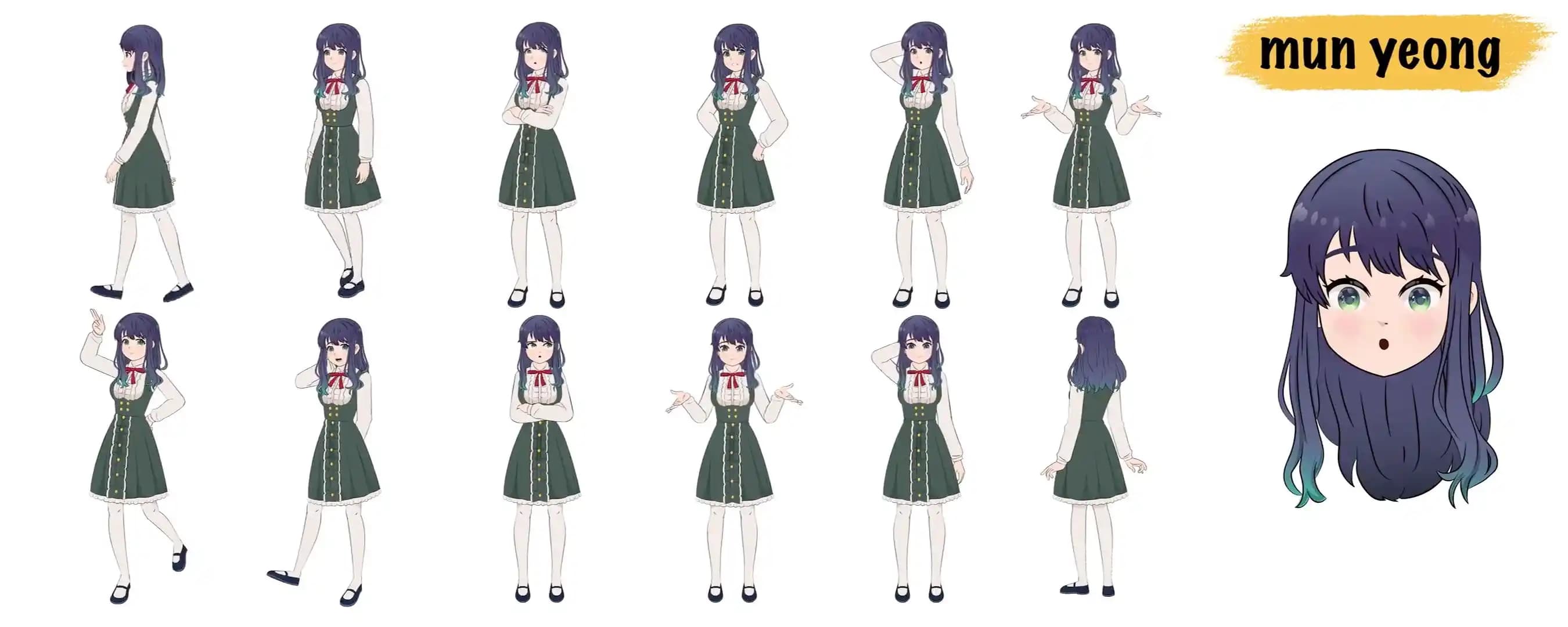 Cute anime girl animated vector cartoon character model sheet AKA Mun Yeong