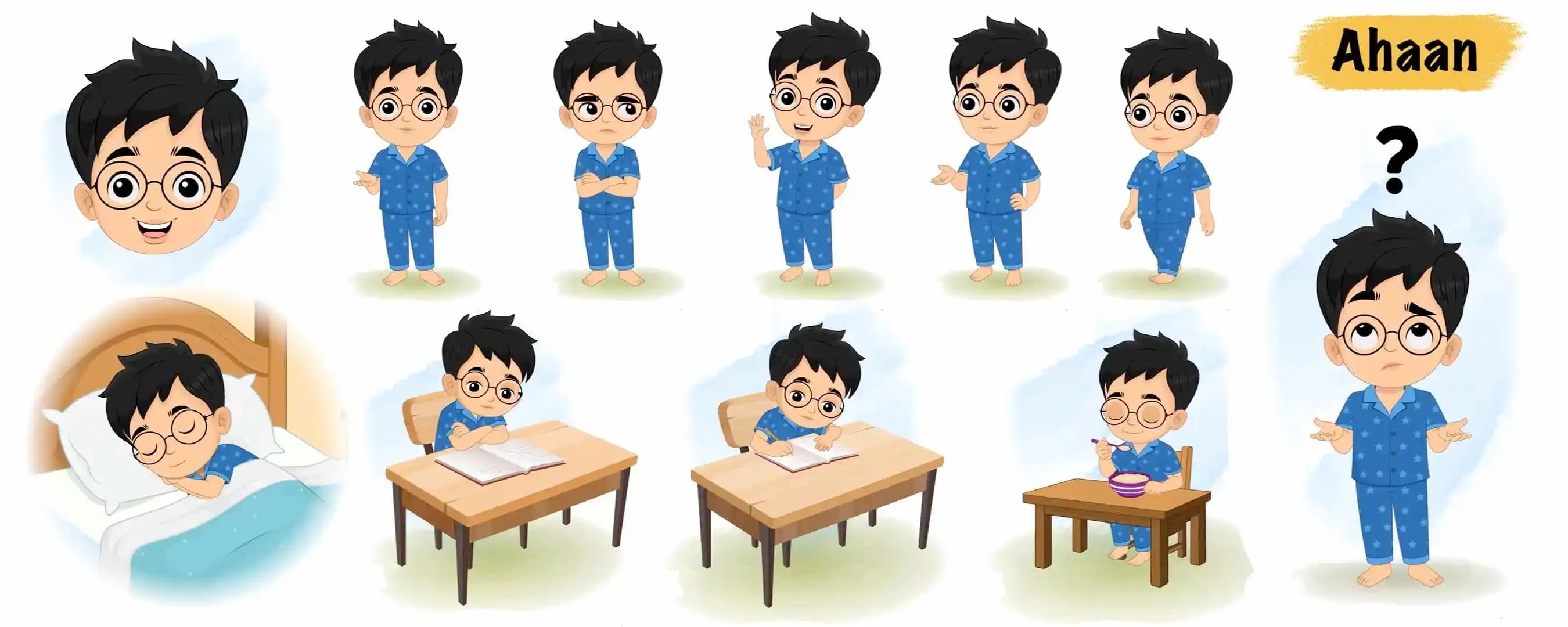 Small kid animated vector cartoon character model sheet AKA Ahaan