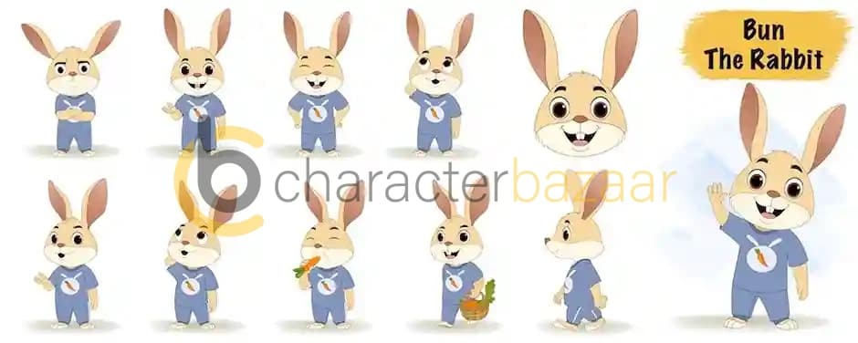 Cute rabbit animated vector cartoon character model sheet AKA Bun the Rabbit