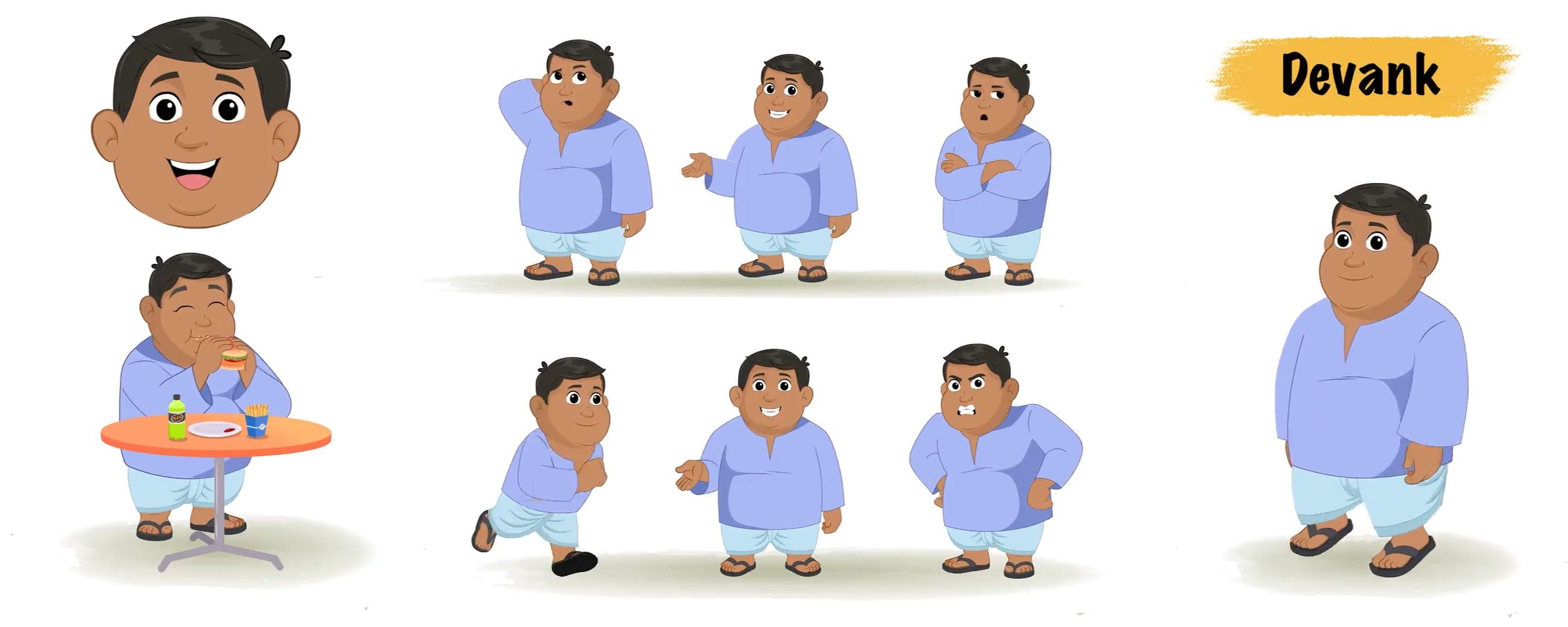 2d Fat Indian villager animated vector cartoon character model sheet AKA Devank