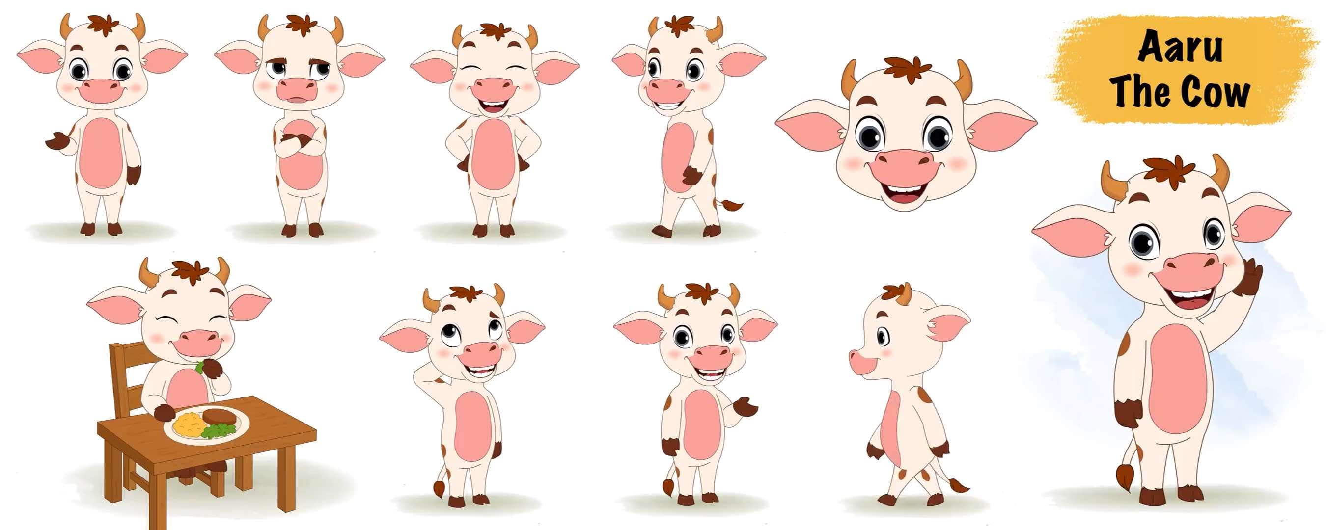 Cute baby cow cartoon character animated model sheet vector AKA Aaru The Cow