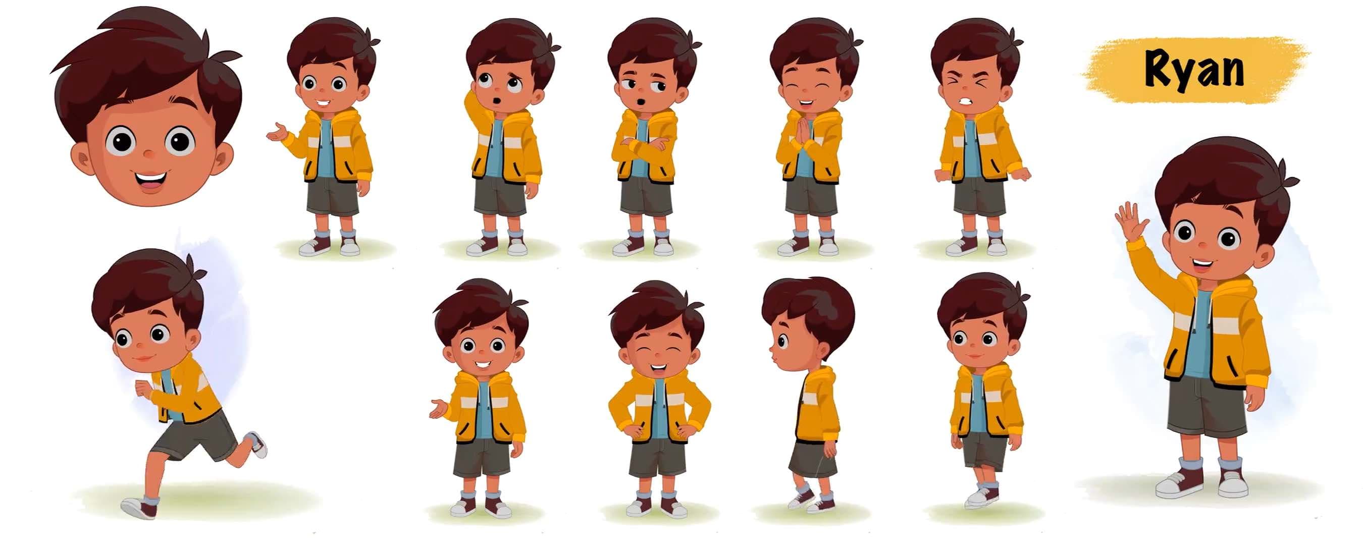 Cool Indian charming boy animated character model sheet vector AKA Ryan