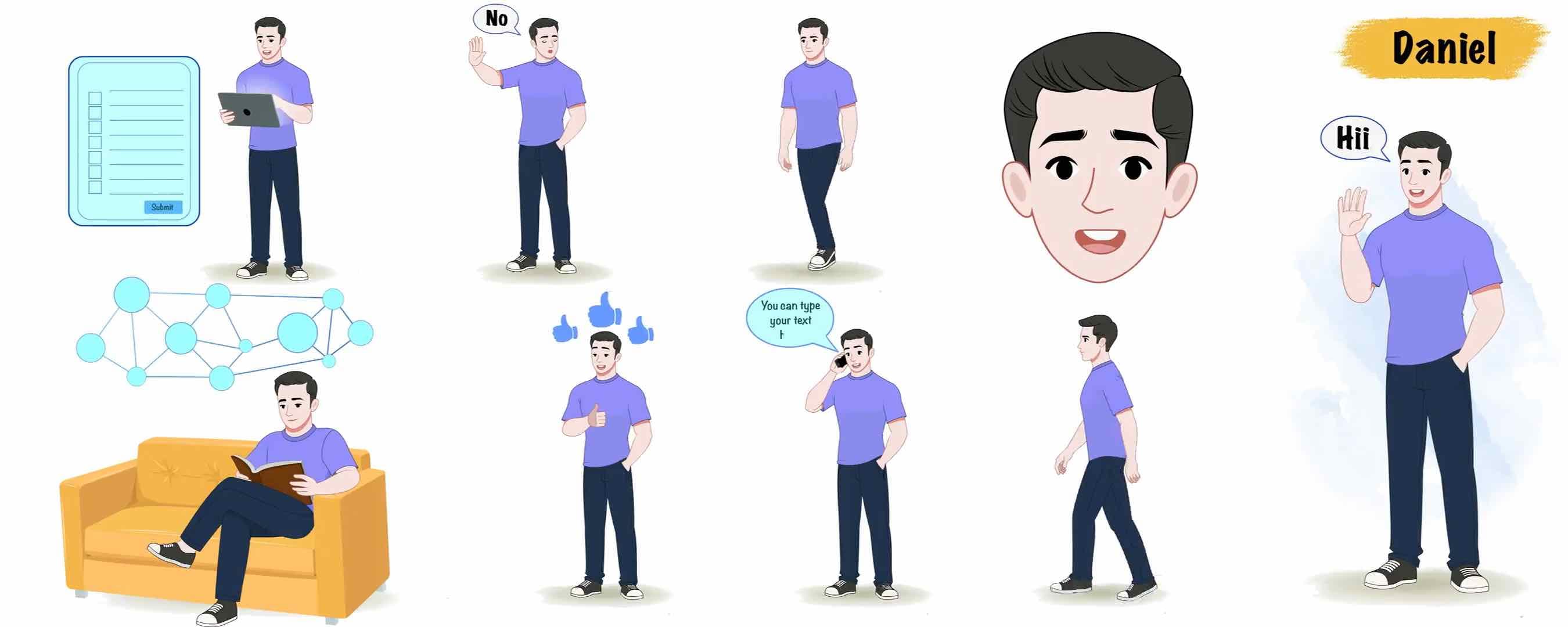 2d Man vector character animated model sheet AKA Daniel
