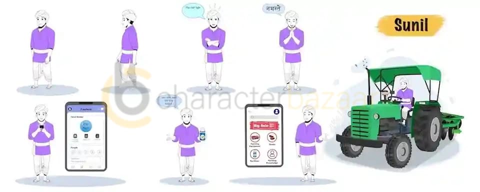 Indian farmer animated vector cartoon character model sheet AKA Sunil