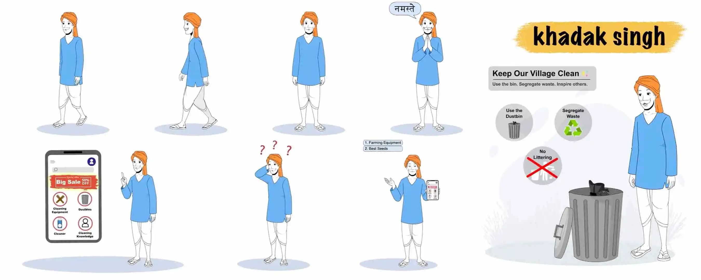 Village man 2D vector animated cartoon character model sheet AKA Khadak Singh