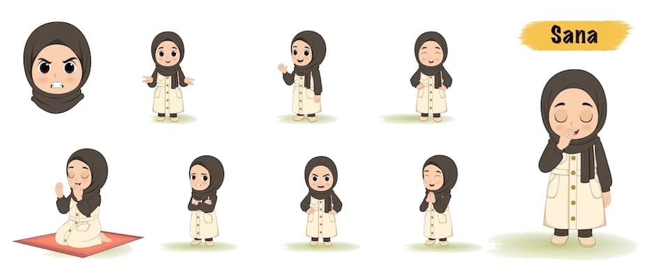 Cute muslim girl animated vector cartoon character model sheet AKA Sana