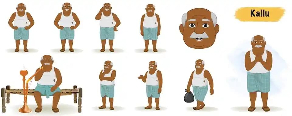 Indian old poor man animated vector cartoon character model sheet AKA Kallu