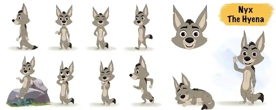 Hyena animated vector cartoon character model sheet AKA Nyx The Hyena