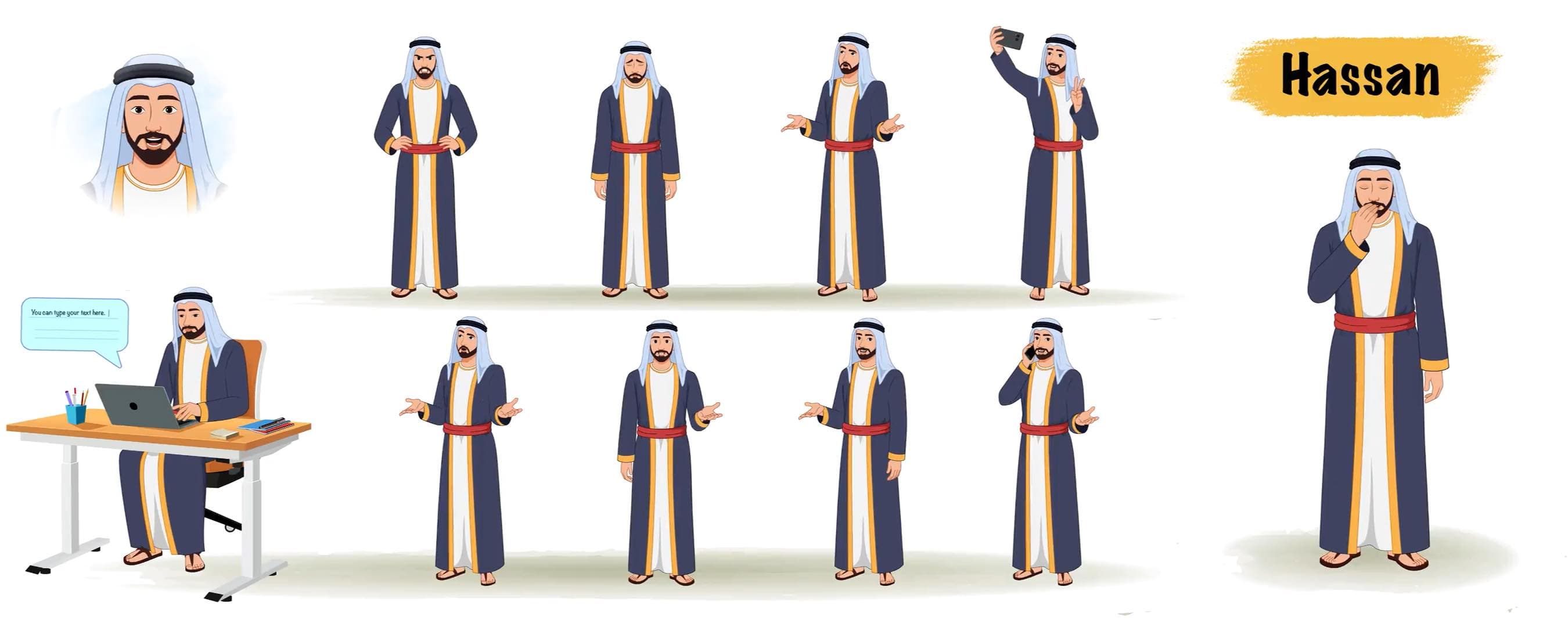 Islamic arab sheikh trader cartoon character animated model sheet AKA Hassan