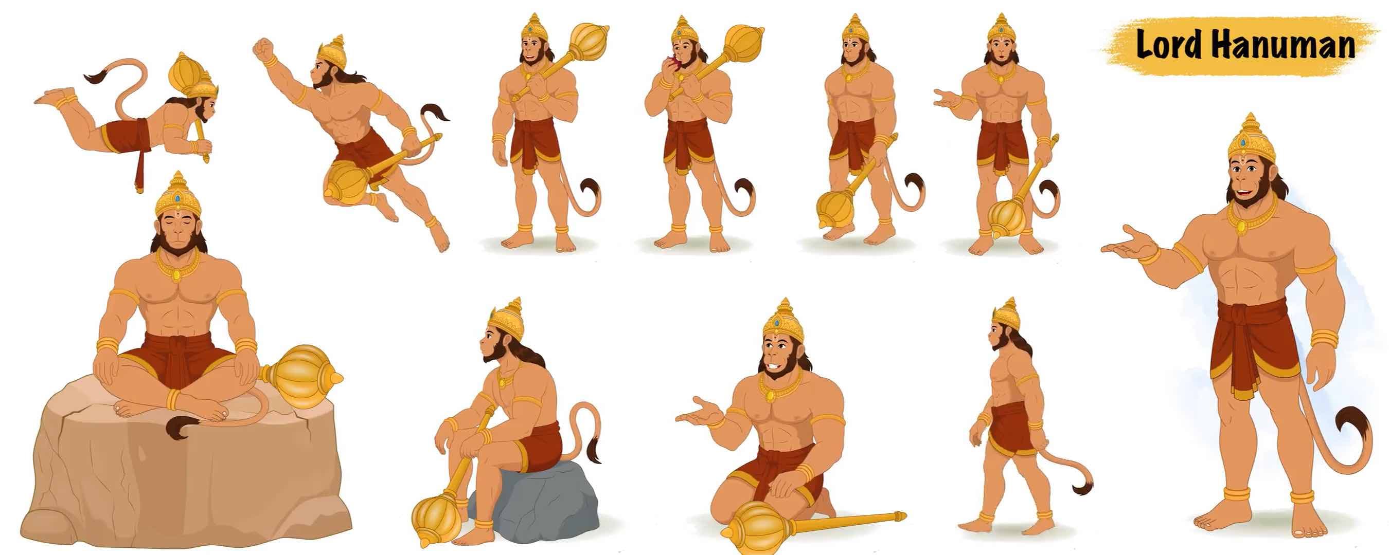 Hanuman ji model sheet animated vector cartoon character AKA Lord Hanuman