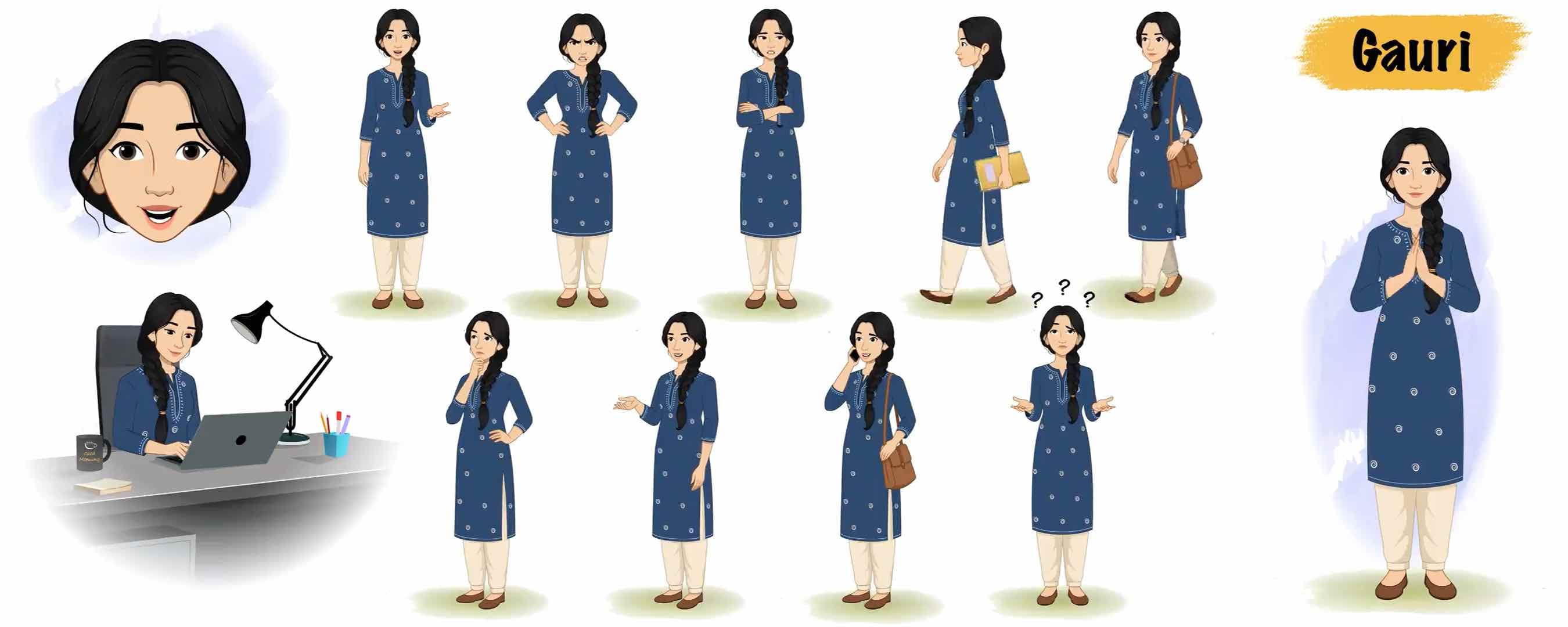 Beautiful Indian girl with salwar suit animated model sheet vector cartoon character AKA Gauri