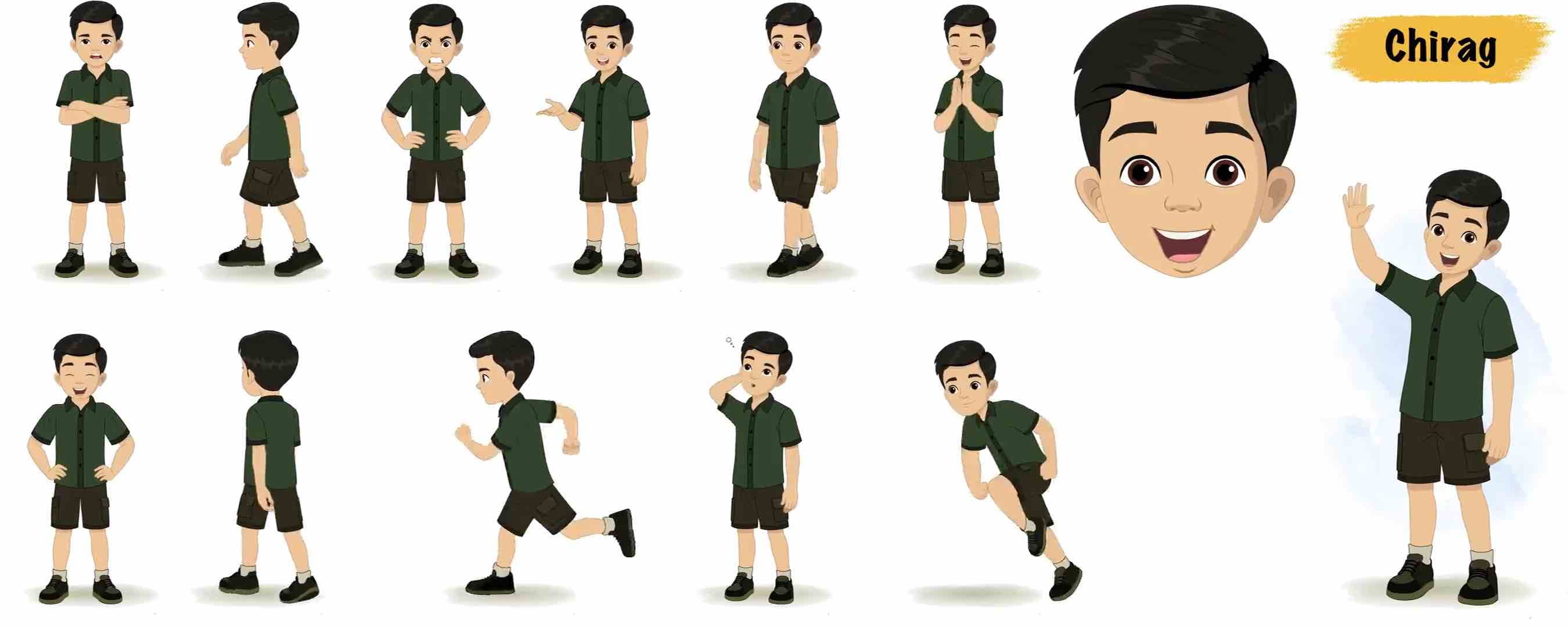 Cute school boy in green shirt animated model sheet vector cartoon character AKA Chirag